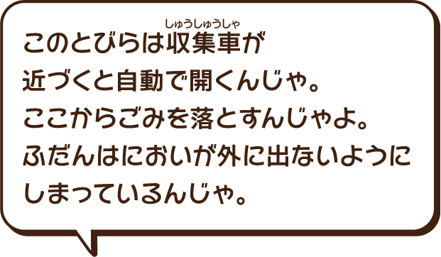 このとびらは収集車が近づくと自働で開くんじゃ。ここからごみを落とすんじゃよ。普段は臭い（におい）が外に出ないように閉まってるんじゃ。