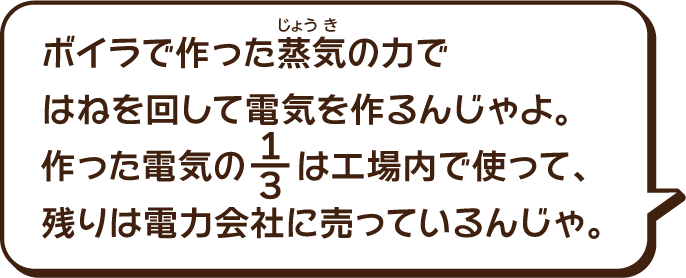 ボイラで作った蒸気（じょうき）の力ではねを回して電気を作るんじゃよ。作った電気の1/3は工場内で使って、残りは電力会社に売っているんじゃ。