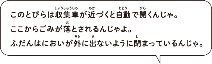 このとびらは収集車が近づくと自動で開くんじゃ。ここからごみが落とされるんじゃよ。ふだんはにおいが外に出ないように閉まっているんじゃ。