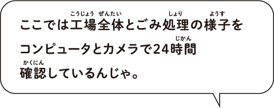 ここでは工場全体とごみ処理の様子をコンピュータとカメラで24時間 確認しているんじゃ。