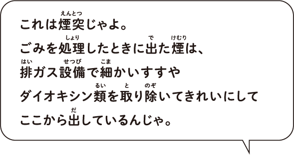 これは煙突じゃよ。ごみを処理したときに出た煙は、排ガス設備で細かいすすやダイオキシン類を取り除いてきれいにしてここから出しているんじゃ。